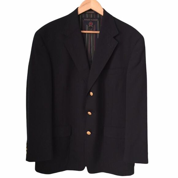 Vintage Tommy Hilfiger Dillards Navy Blue 3 Button Blazer Made in USA Size 42R - Picture 1 of 8